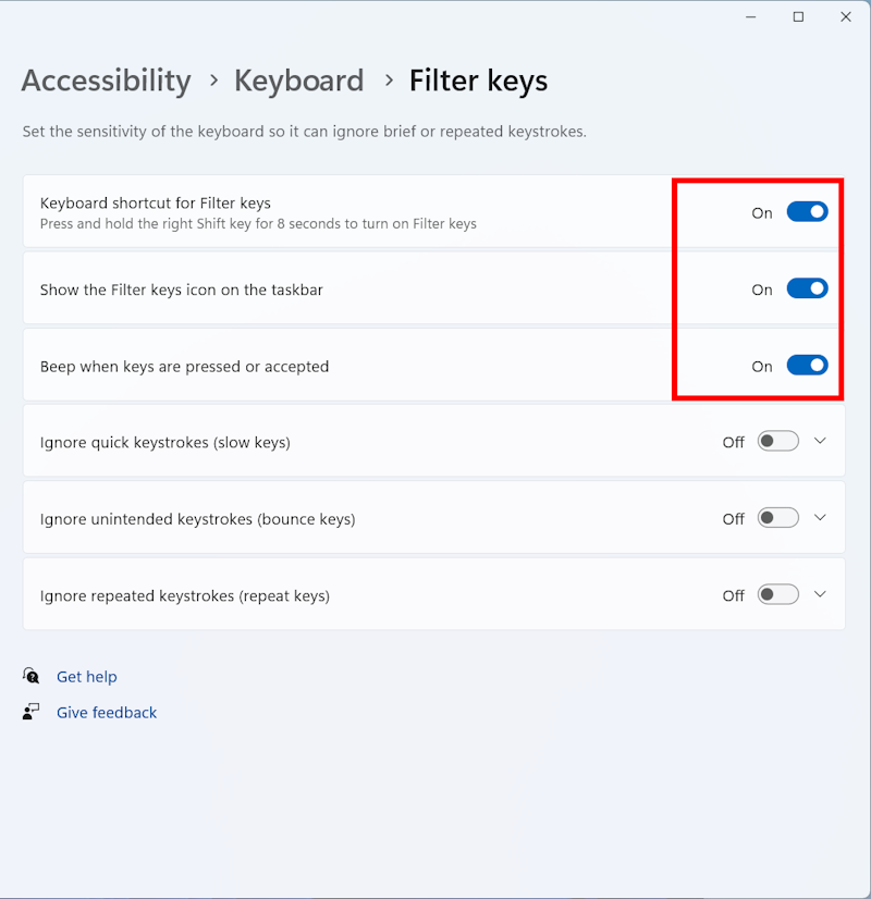 Use the options to enable Filter Keys shortcuts or cause your computer to beep when a key is pressed.